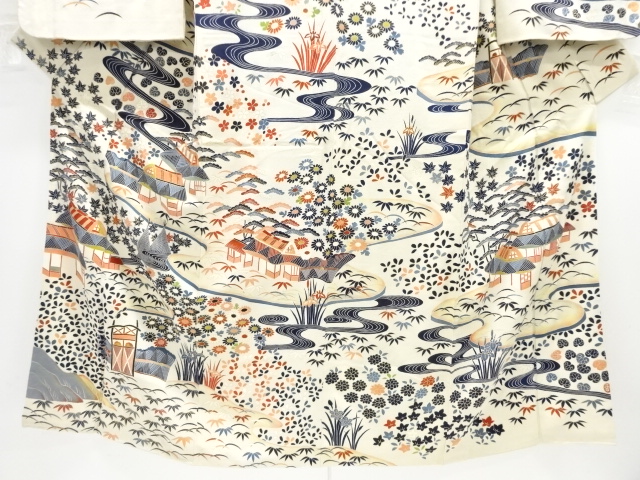  大正ロマン　錦紗流水に家屋風景模様一つ紋着物